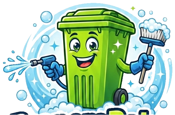 PropereBak mascotte: vrolijke groene container met hogedrukspuit en borstel